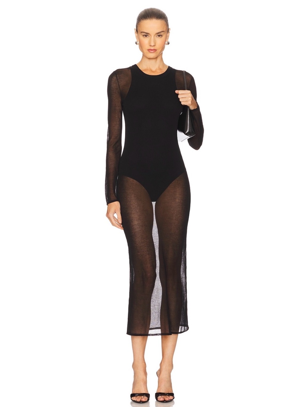 IRO Emala Black Sheer Long-Sleeve Mesh Bodysuit Dress